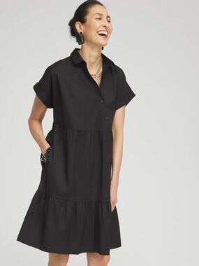 Chico's Black Short-Sleeve Tiered Midi Shirtdress